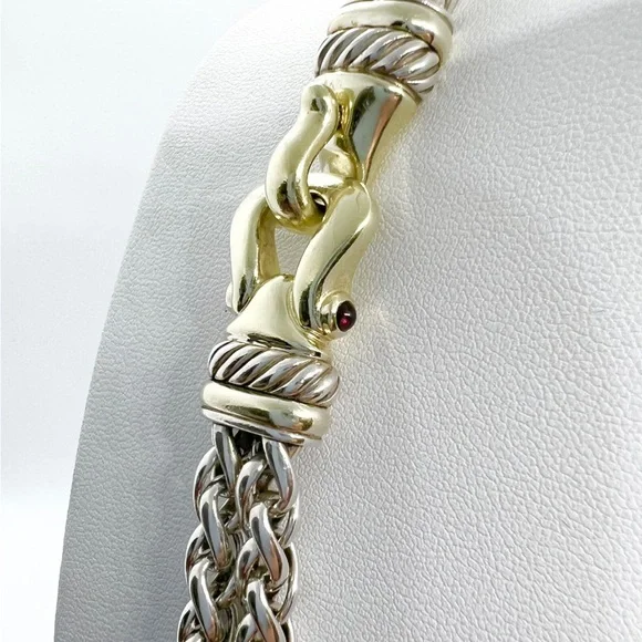 David Yurman Gold Buckle Double Wheat Chain Necklace With Rhodolite Garnet - Picture 4 of 14